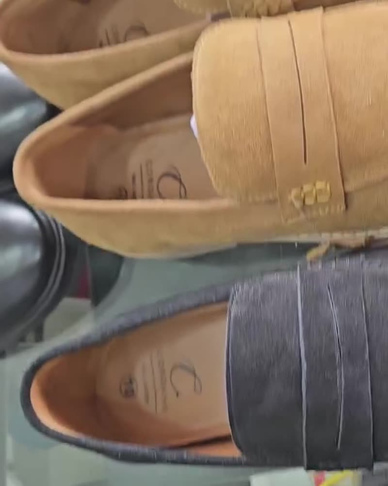 Tan and navy suede penny loafers side by side